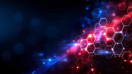 Abstract hexagon technology background with red and blue gradient, geometric pattern, digital interface design, futuristic network structure, tech aesthetic, honeycomb connectivity