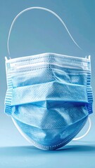 Close-up studio shot of a disposable blue surgical face mask against a light blue background.