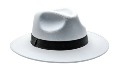 A classic fedora hat in a bright white hue with a dark black band. The hat is isolated on a transparent background