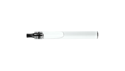 A close-up, isolated view of a cylindrical vaping device with a white, transparent body and black mouthpiece, lying horizontally