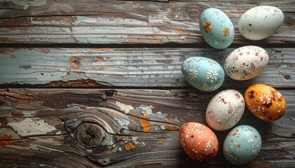 An overhead view of vibrantly decorated Easter eggs resting on weathered, rustic wooden planks with peeling paint.