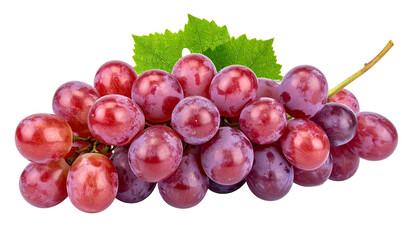 A close-up shot of a bunch of ripe, red grapes with vibrant green leaves, showcasing their smooth, juicy texture against a transparent background