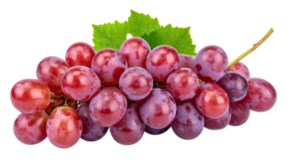 A close-up shot of a bunch of ripe, red grapes with vibrant green leaves, showcasing their smooth, juicy texture against a transparent background