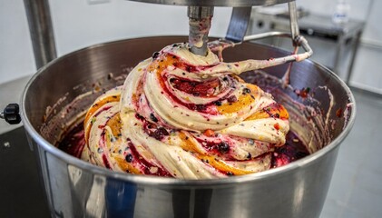 Medium shot of vibrant fruitinfused cake batter swirling inside a heavyduty mixer capturing fresh ingredient incorporation in a highcapacity frozen dessert facility.