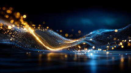 Abstract wavy dotted surface with glowing highlights on dark background, digital landscape visualization, flowing data pattern, futuristic terrain, particle wave formation, with co
