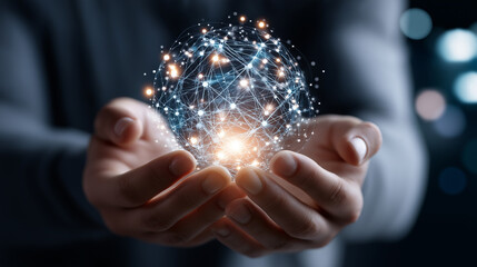 Faceless person's hands gently cradling glowing sphere of interconnected nodes, global networking and connectivity symbol, technology and business presentation visual, world commun