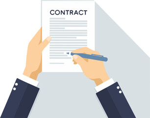 Person signing a contract paper document with a pen. Flat vector illustration in Corporate Memphis style. Business agreement, partnership, and legal concept isolated on white background.