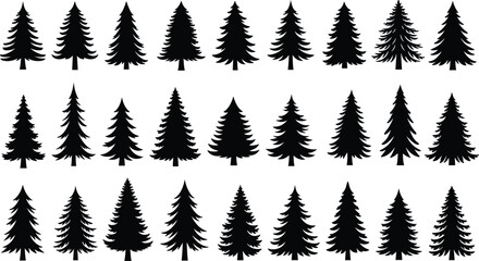 Set of pine tree silhouettes vector illustration, various coniferous evergreen fir forest trees for nature landscape design, Christmas winter decorative elements © MdAnowarHossain