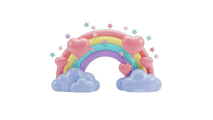 3D Rainbow with Hearts and Clouds on White Background
