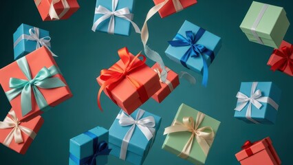 Colorful wrapped presents floating in midair on dark teal background