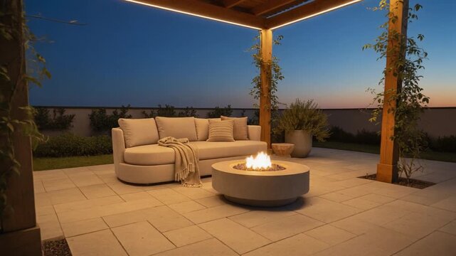Outdoor pergola led lights firepit, dolly-in toward a luxury patio lounge under a wooden pergola with hidden warm LED strips and a modern firepit at dusk.