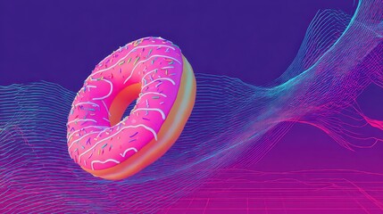 Pink Frosted Donut with Sprinkles Floating Beside Glitching Waves on a Purple Gradient Background in a Digital Art Style
