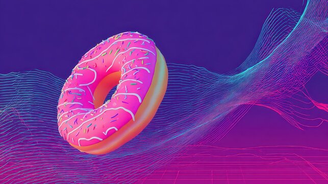 Pink Frosted Donut with Sprinkles Floating Beside Glitching Waves on a Purple Gradient Background in a Digital Art Style - Powered by Adobe