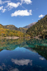 Crystal clear mountain lake reflecting forested slopes and blue sky with white cloud at Five-Flower Lake, Jiuzhaigou in Sichuan, China