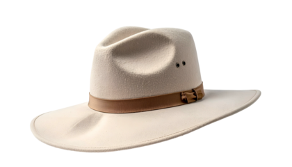 A close-up studio shot showcases a wide-brimmed hat. Cream-colored felt forms the crown and brim. A brown leather band wraps the base of the crown