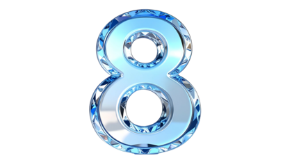 A numeral eight is rendered in a shiny, gem-like style with facets and a reflective, light-blue coloring against a black background