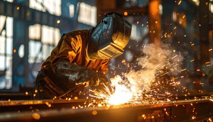 A welder in protective gear works intensely in a factory, surrounded by bright sparks and smoke.