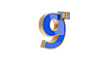 3D Rendered 9th Number with Gold and Blue - Isolated