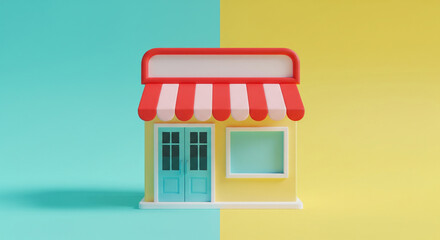 Obraz premium Bright 3D Retail Store Icon with Red Awning on Yellow and Blue Background