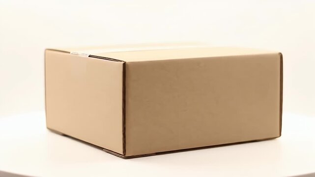 A Closed Brown Cardboard Shipping Box on a White Surface Under Studio Lighting