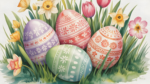 Easter eggs in blooming garden with daffodils and tulips - Powered by Adobe