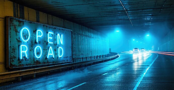 Tunnel view, wet road surface, bright neon sign reads open road. Cars travel through foggy blue light. Dramatic perspective.