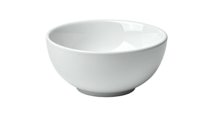 A pristine white bowl, empty and clean, sits on a black backdrop. The ceramic dish's glossy surface is in soft focus