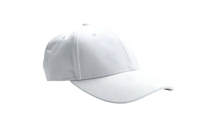 Fototapeta premium A pristine white baseball cap isolated against a black backdrop, showcasing its curved brim and structured panels. Perfect for apparel mockups