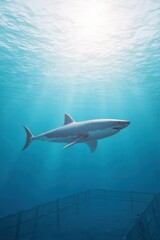 Fototapeta premium Shark gliding near underwater cage base, Shark Cage Diving