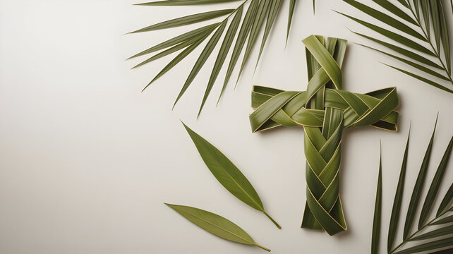 Palm sunday cross with leaves and fronds on white background