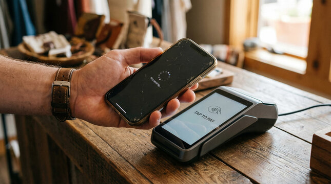 Customer Making Contactless Smartphone Payment at Boutique Retail Shop Checkout