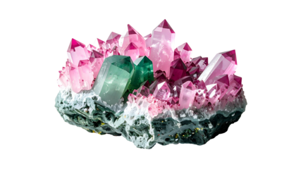 A close-up view presents a clustered collection of crystalline structures with various shades of pink and green hues