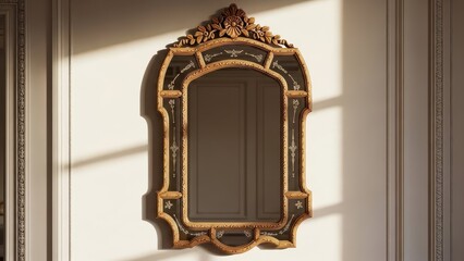 An ornate gold and black framed mirror hanging on a white wall with sunlight shining through a window