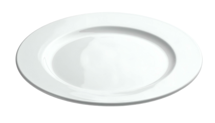 A pristine white, round ceramic dish, resting on a transparent background, presents an empty canvas. Its smooth surface suggests culinary possibilities