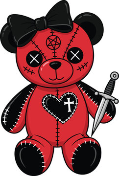 Vector Illustration of a Creepy Red and Black Gothic Teddy Bear Holding a Dagger with a Pentagram Symbol