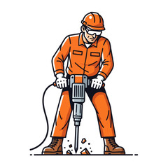 Illustration of a construction worker wearing safety gear operating a power drill with debris and