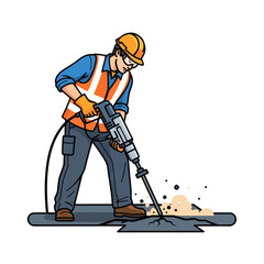 Construction Worker Using Jackhammer for Roadwork Excavation with Safety Gear and Vibrant Style