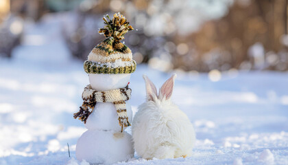 Cute Snowman and Bunny in Winter Wonderland Generative AI
