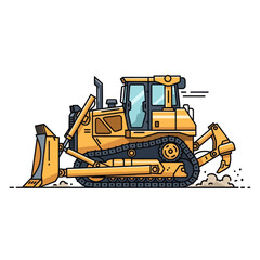 Illustration of a robust yellow bulldozer operating on rugged terrain with dynamic motion lines