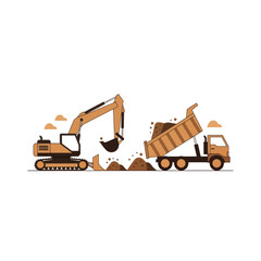 Construction site illustration featuring an excavator loading earth into a dump truck with a