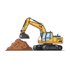 Illustration of a yellow excavator operating on a construction site with a pile of dirt during
