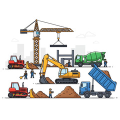 illustration of construction site with cranes trucks and workers engaging in building activities
