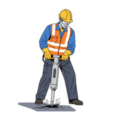 Illustration of a construction worker using a jackhammer on a job site reframing safety gear and