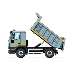 Modern dump truck with tilting cargo bed in an industrial setting