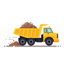 Illustration of a yellow dump truck transporting soil on a construction site