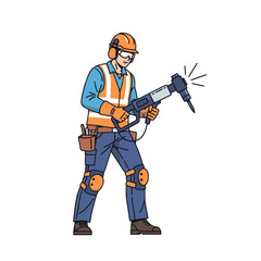 Illustration of a construction worker using a handheld drilling tool with safety gear and tools,
