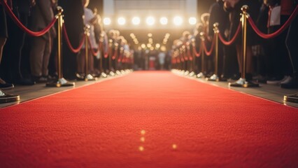 A red carpet with golden stanchions and velvet ropes on a formal event