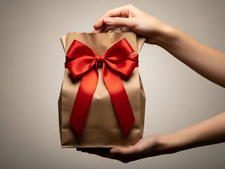A person holding a brown paper bag adorned with a large red bow, symbolizing a festive takeout meal for the Christmas holiday.