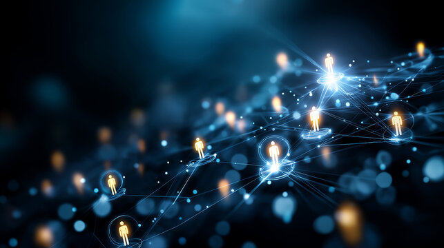 Social network online connection visualization with glowing nodes and lines, digital community, internet relationships, interconnected users, communication web, abstract networking - Powered by Adobe