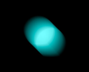 Abstract blurred light shape floats on a black background. Turquoise illumination appears defocused
